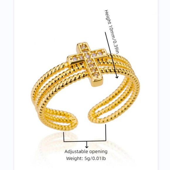 3/$35 18K Gold Plated Copper Open Ring Cubic Zirconia Cross Dainty Jewelry - Picture 4 of 7